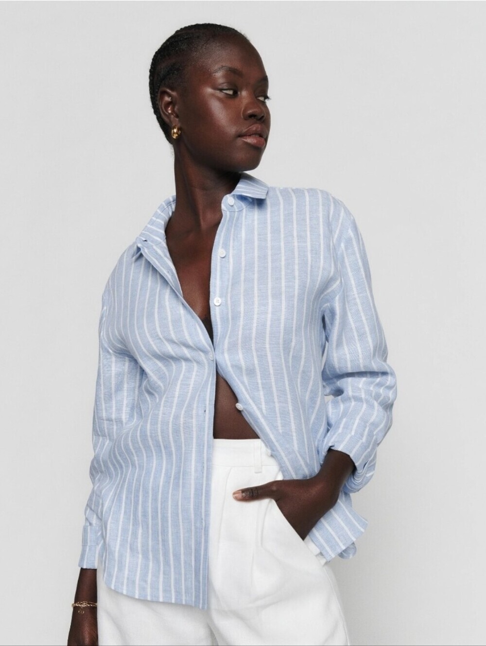 REFORMATION Preston Linen Top In Mineral Stripe L